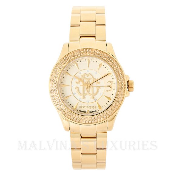 ROBERTO CAVALLI WATCH by FRANCK MULLER 35mm GOLD TONE LOGO CRYSTALS - Picture 1 of 4